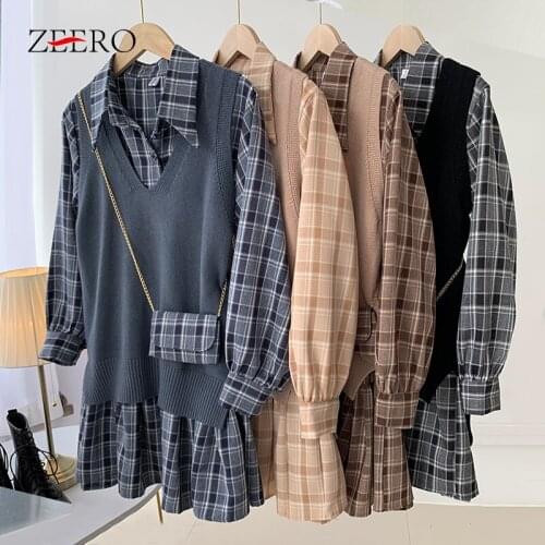 Korean Fashion Dress Set Retro Plaid Loose Shirt Mini Pleated Dress + Knitted Sweater Vest 2 Pieces Set Women Autumn Outfits