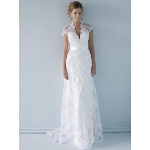 Sexy V Neck Open Back Sash White Ivory mermaid Wedding Dress Custom Size Bride Gown Short Sleeve Sweep Train Wedding Dress