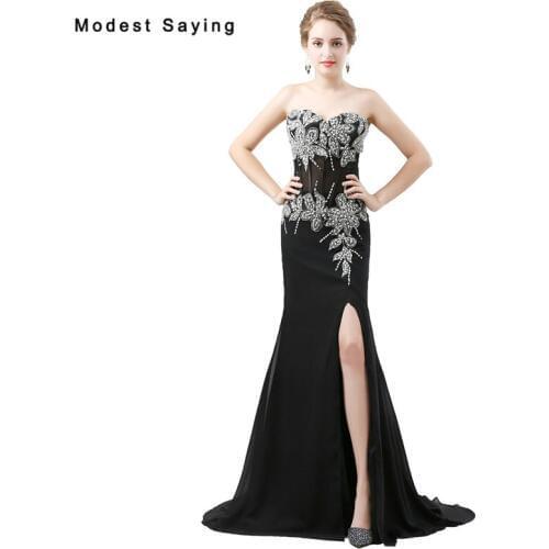 2018 Fashion Sexy Split Black Crystal Beaded Lace Evening Dresses Luxury Mermaid Sweetheart Party Long Prom Gowns robe de soiree