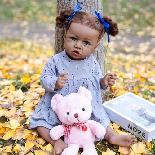 22''Baby Reborn Doll Lifelike America Black Dolls Full Body Silicone Newborn Babies Doll with Heartbeat Blue Eyes Bonecas Toys