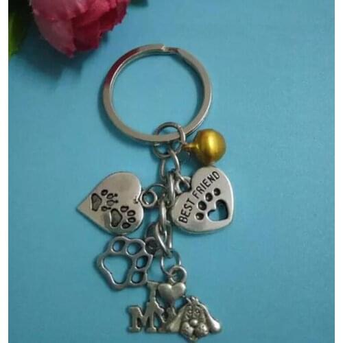 50 pcs New Fashion Jewelry Vintage Tibetan silver I Love My Dogs& Dog Paw Prints &Best friends Heart Charm 25mm Key Chain