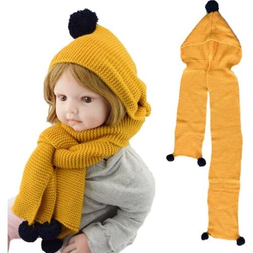 Childrens Scarf with Hat, Hooded Shawl, Autumn and Winter Dual-use Warm Woolen Knitted Hat, One-piece Fur Ball Scarf