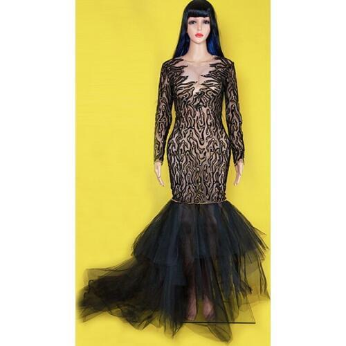 Jazz Costume Black Long Sleeve Print Flower Trailing Dresses Birthday Party Evening Dress Bar Nightclub Female Singer Wear DT729