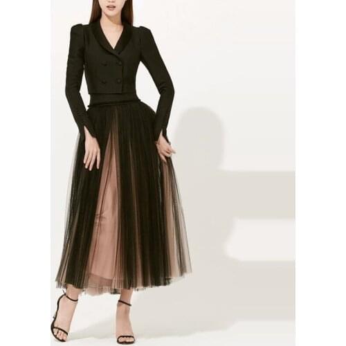 European Fashion Two-Piece Set 2021 Spring and Autumn Fashion Elegant Short Balck Suit for Women Slimming Folds Mesh Long Skirt