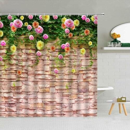Stone Wall Flower Shower Curtain 3D Rose Green Vine Plant Vintage Brick Wall Butterfly Bathroom Supplies Cloth Decor Curtains Se