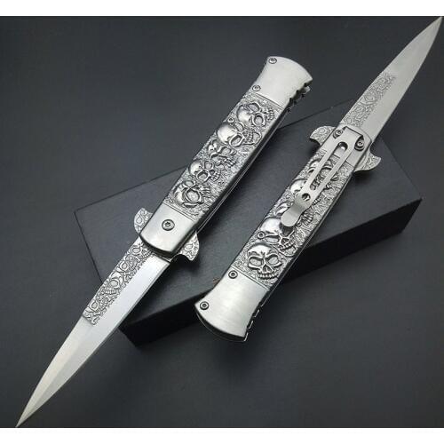 Pocket Tactical Gear Skulls Carve Italian Stiletto Folding Camping Knife Outdoor Survival EDC Knife Flip Knives Folding Blade