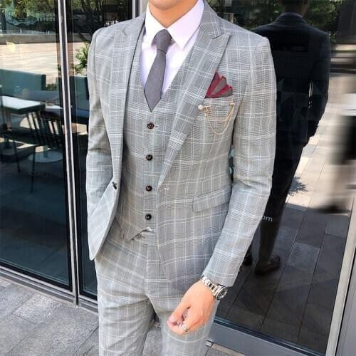 Checker costume mariage homme groom slim fit tuxedo smoking uomo men suit business tuxedos terno masculino