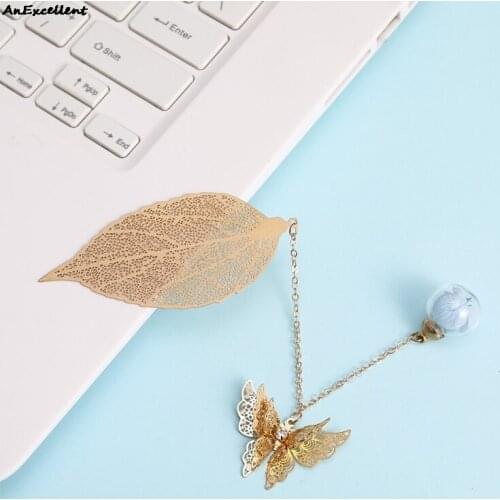 Metal Hollow Leaf Bookmark With Butterfly Immortal Eternal Flower Pendant Chinese Style Book Clip For Kid Gift School Stationery
