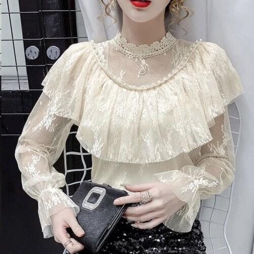 Fashion Mesh Ruffle Blouse with Lace Stand Collar Loose Flare Sleeve Womens Shirt Sweet Beading Elegant Blouse Women Tops 16813
