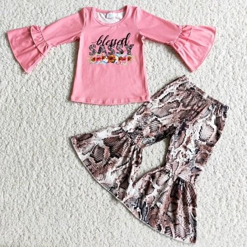 Fashion Girl Flare Long Sleeve Top Match Beller Pants 2Pieces Set Kids High Quality Letters Design And Flowers Outfit