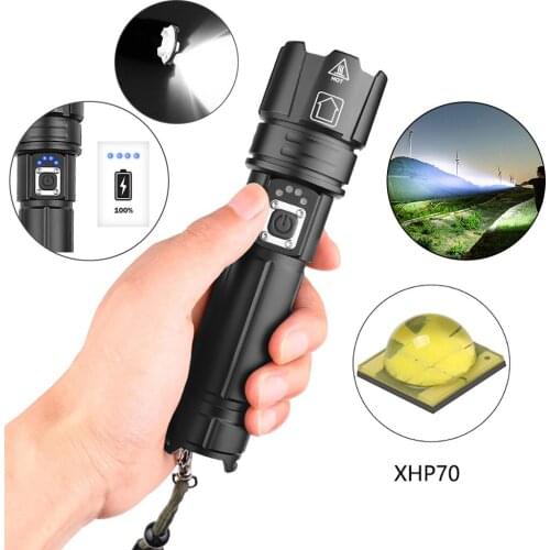 Strong Light Flashlights Aluminum Alloy Xhp70 Powerful Led Flashlight Usb Rechargeable Zoom With Charging Display 5 Modes