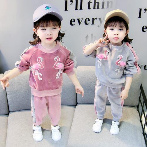 New 2019 Fall Winter Little Girls Golden Velvet Clothing Set Baby Infants Kids Cartoon Flamingo Pattern Clothes Twinset B189