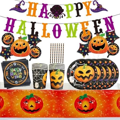 Halloween Disposable Tableware Napkin Plates Cups Happy Halloween Banner Pumpkin Balloon Home Halloween Decoration Background