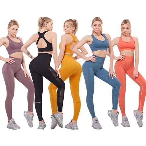 Solid Color Seamless Workout 2 Piece Set Sport Leggings Top Set Yoga Outfits For Women Sportswear Athletic Clothes Gym Suit