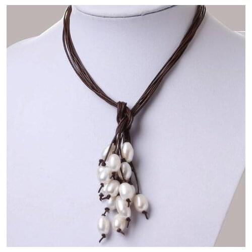 Multi Strands Pearl Leather Necklace,White Color Grenuine Freshwater Pearl Necklace With Leather Jewelry,Perfect Large Pearl