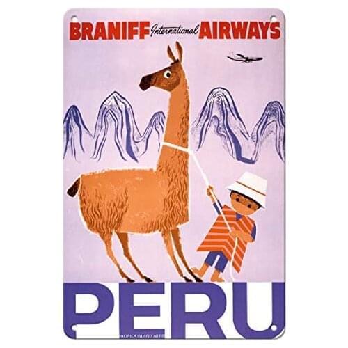 Peru - Braniff International Airways - Native Boy with Llama - Airline c.1950s Metal Tin Sign
