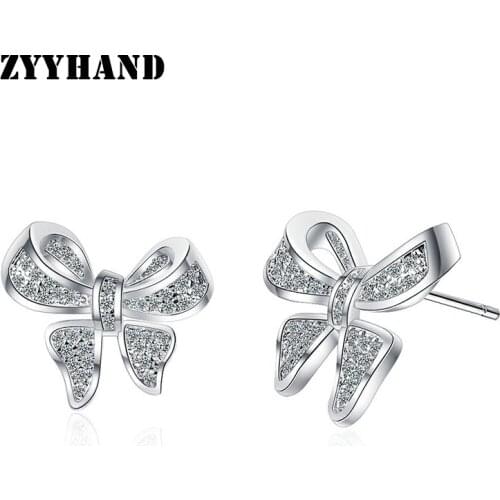 Platinum-Plated Clean Stone Women Stud Earring Girl Romantic Bowknot Cubic Zirconia Lady Copper Alloy Ear Jewellery