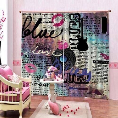 Custom 3d blackout curtains Retro cartoon newspaper English alphabet guitar Curtains for living room bedroom Drapes Decor
