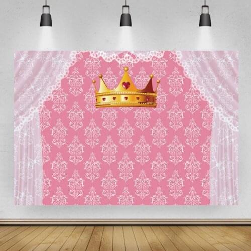 Pink Blue Golden Crown Newborn Baby Shower Backdrop Boy Girl Princess Birthday Damask Lace Curtain Custom Photography Background
