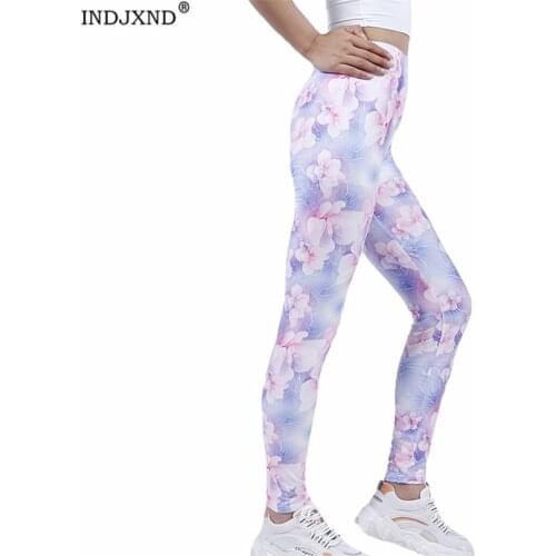 INDJXND Sexy Pink Flowers Leggings Women Fitness Pants Knitted Clothing Gym Push Up Ankle-Length High Elasticity Sports Bottom