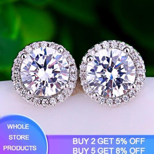 Luxury Crystal Female Small Round Stud Earrings Vintage 925 Sterling Silver Wedding Jewelry Zirconia Diamond Earrings For Women
