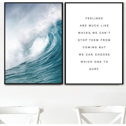 Blue sea Wave Surf Quote Landscape Wall Art Canvas Painting Nordic Posters And Prints Wall Pictures For Living Room Home Decor