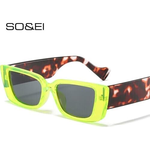 SO&EI Fashion Rectangle Colorful Sunglasses Women Retro Fluorescent Green Leopard Eyewear Trending Men Sun Glasses Shades UV400