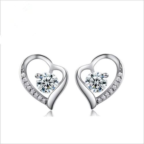 TJP Shining Crystal Heart Girl Stud Earrings Jewelry Fashion Silver Plated Earrings For Women Party Accessories Lady Bijou