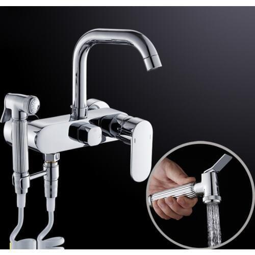 Toilet Brass Chrome Finish Wall Mounted Shot gun Faucet Set wiht Spring Hose Handheld Diaper Sprayer Shattaf Bidet Douche Kit