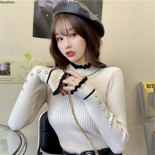 Retro Womens Knitwear Spring Summer Fashion Casual Long Sleeve Slim O-neck Ruffle Solid Office Lady Top COTTON Houthion