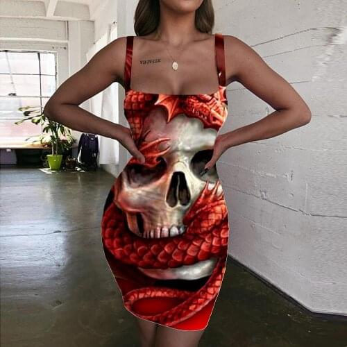 Giyu Brand Skull Dress Women Long 3d Print Hip Hop Bodycon Dress Rock Halter Sleeveless Womens Clothing Club Beach Boho Femme