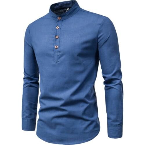 2021 Men 's Autumn Cotton Linen Long Sleeve Blouse Solid Color Stand Collar Shirt