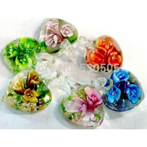 Lots 50pcs flower Murano Lampwork glass european heart bead Fit sort jewelry