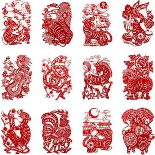 Free shipping 12pcs Chinese colorful paper-cut window stickers traditions 12 Zodiac home decoration crafts gift Wall Decals