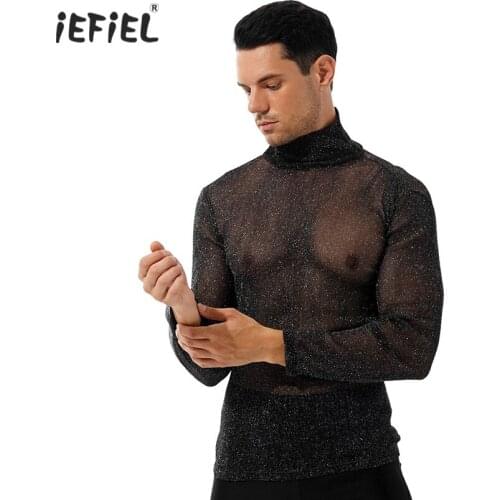 Men Fashion Streetwear Shiny See-through T-shirt High Neck Long Sleeve Tops Sexy Party Nightclub Music Concert Black/White Tops