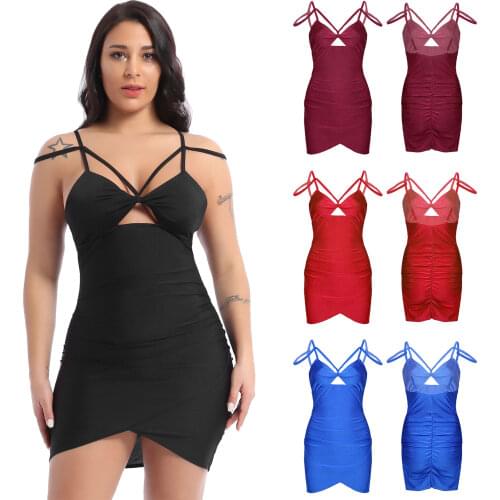 Bodycon Dress Women Summer Fashion Asymmetric Hem Ruched Party Club Sexy Solid Adjustable Spaghetti Strap Sleeveless Mini Dresse