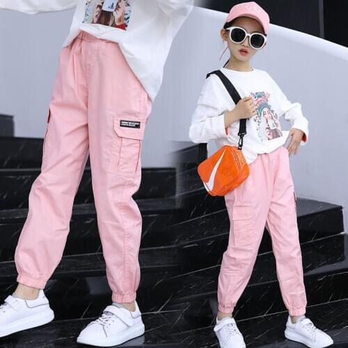 EACHIN Baby Girls Pants Trend Teenage Girl Cargo Pants Elastic Waist Harem Pants Cool Multi-pocket Trousers Anti-mosquito Pants