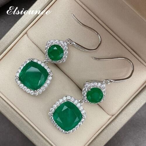 ELSIEUNEE Silver 925 Jewelry Simulated Moissanite Emerald Gemstone Earrings For Women Anniversary Cocktail Party Fine Jewelry