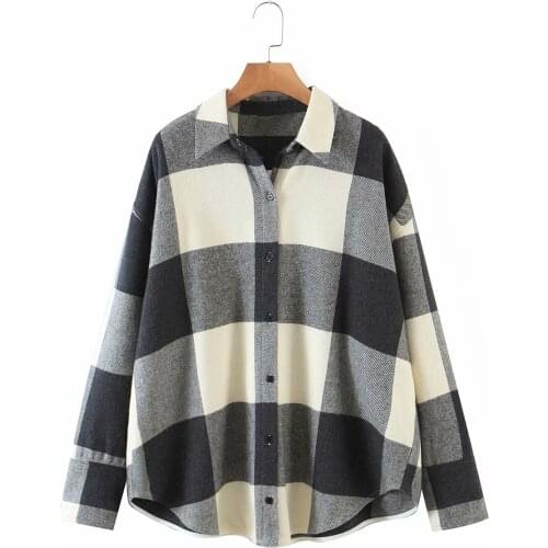 Nice Vintage Woman Oversized Grey Plaid Patchwork Woolen Shirt New Spring Fashion Ladies Loose Soft Coats Female Elegant Jacket