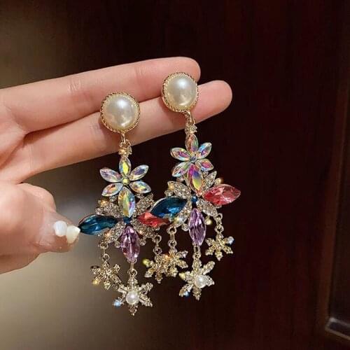Colorful Snowflake Crystal Earrings for Women Bijoux Flower Pearl Dangle Earrings Statement Jewelry
