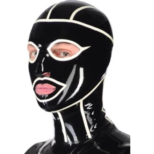 Latex Mask Rubber Hood Open Eyes Mouth Nose Black with white Trims Fetish Customized Halloween Cosplay Costumes for Men Women