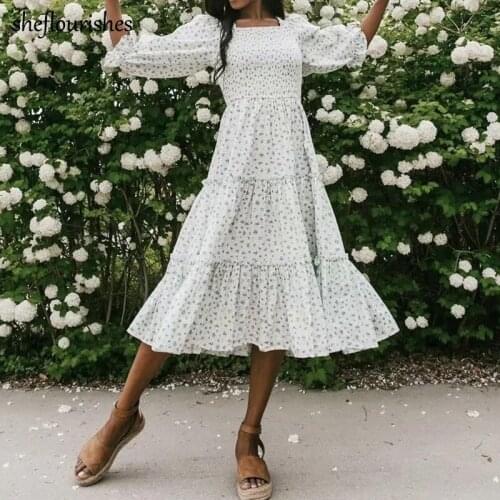 Summer dress women vintage puff sleeve dresses floral print midi dress ruffle holiday dresses square neck elastic dress white