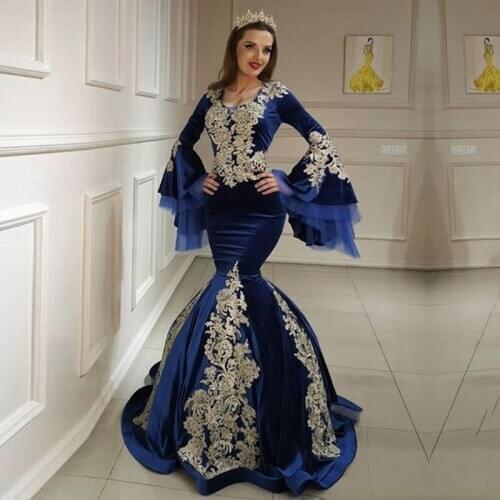 Morocco Kaftan Evening Dresses V-Neck Appliques Royal Blue Long Sleeve Velvet Mermaid Arabic Muslim Prom Party Dress 2020
