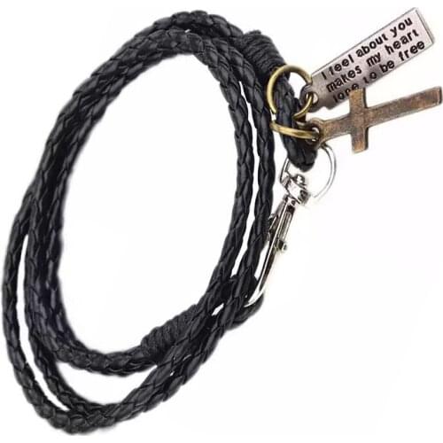 Retro Black Cross Bracelets For Men Bandages Key Pattern Brown Leather Friendship Letter Bracelet