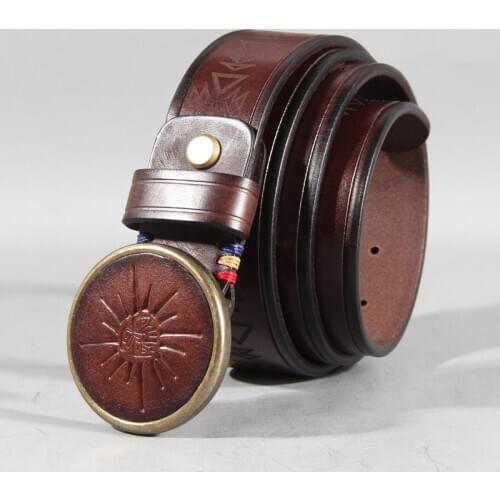 Top Handmade Belt Mens Retro Personality Pure Cowhide Trend Round Head Copper Buckle Boy Leather Plate Buckle Belt Luxury