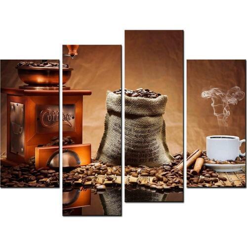 Coffee Paintings Wall Art Steaming Coffee and Coffee Beans Grinder 4 Panel Picture Print on Canvas Drop shipping