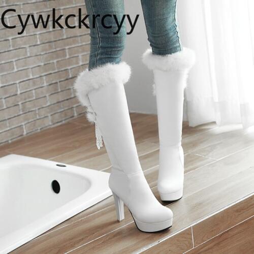 Winter The New Rabbit hair fashion Round head overheight with 11CM Womens boots white Sexy Keep warm High heel Women boots34-43