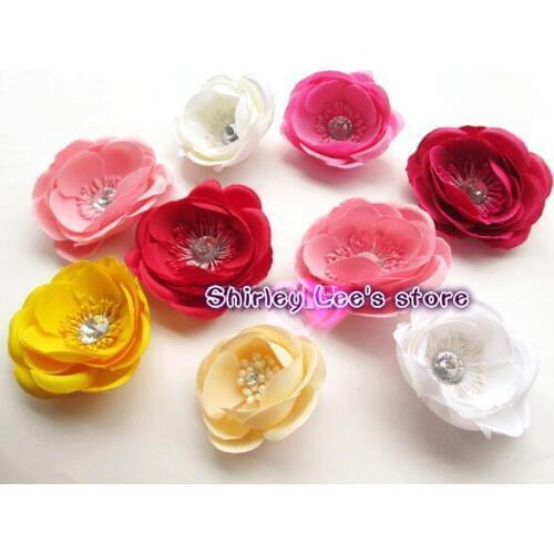 New Arrival!!!120pcs X Lovely Camellia Flower Head W/Diamante Center Diy Hair Flower Accessory Decoration Flower *Free Shipping