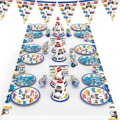 Cartoon Cars Disposable Party Tableware Kid Birthday Party Decor Napkin Plate Tablecloth Cup Construction Vehicle Party Supplies