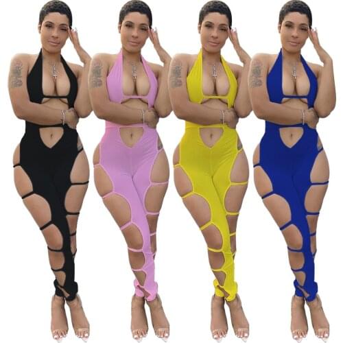 Adogirl HalterCut Out Solid Jumpsuit Women Sleeveless Bodycon Club Wear Backless Night Party Romper Skinny One Piece Overalls